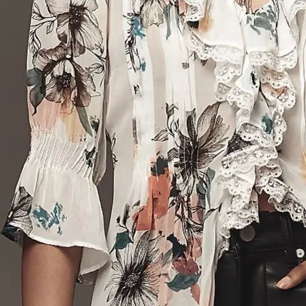 Anthropologie sheer floral lace detailed blouse size XS ( runs large:) NWOT - Picture 2 of 13